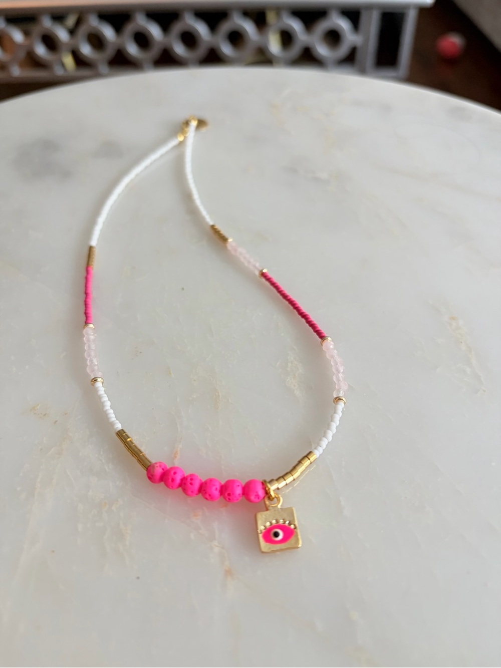 Gorgeous Bespoke Gold & Pink Beaded Evil Eye Essential Oil Necklace